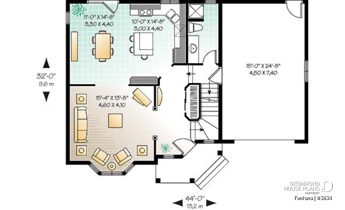 1st level - American cottage with garage, 3 bedrooms, kitchen with island, dual sink - Fontana