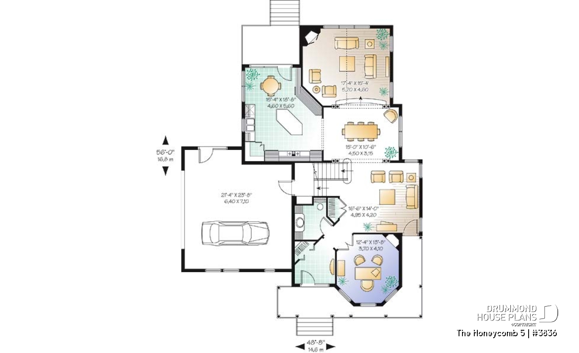 1st level - Charming 3 bedroom country style house plan, 2-car garage, bonus room, home office with fireplace - The Honeycomb 5