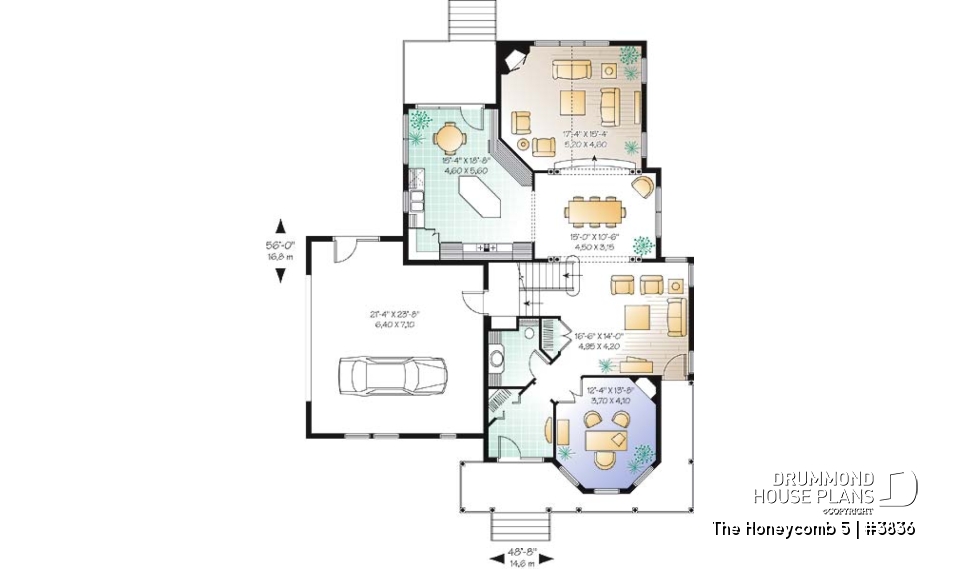 1st level - Charming 3 bedroom country style house plan, 2-car garage, bonus room, home office with fireplace - The Honeycomb 5