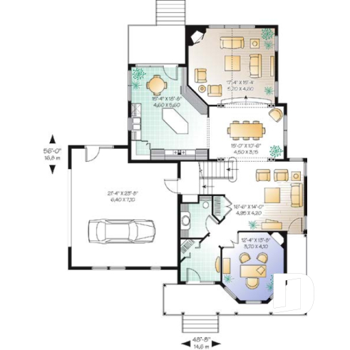 1st level - Charming 3 bedroom country style house plan, 2-car garage, bonus room, home office with fireplace - The Honeycomb 5