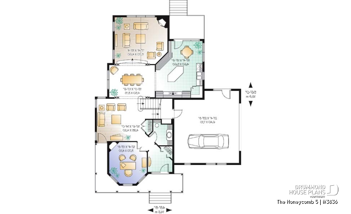 1st level - Charming 3 bedroom country style house plan, 2-car garage, bonus room, home office with fireplace - The Honeycomb 5