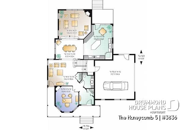 1st level - Charming 3 bedroom country style house plan, 2-car garage, bonus room, home office with fireplace - The Honeycomb 5