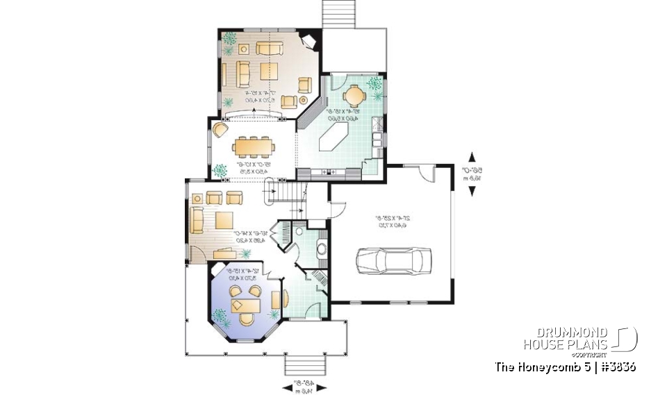 1st level - Charming 3 bedroom country style house plan, 2-car garage, bonus room, home office with fireplace - The Honeycomb 5