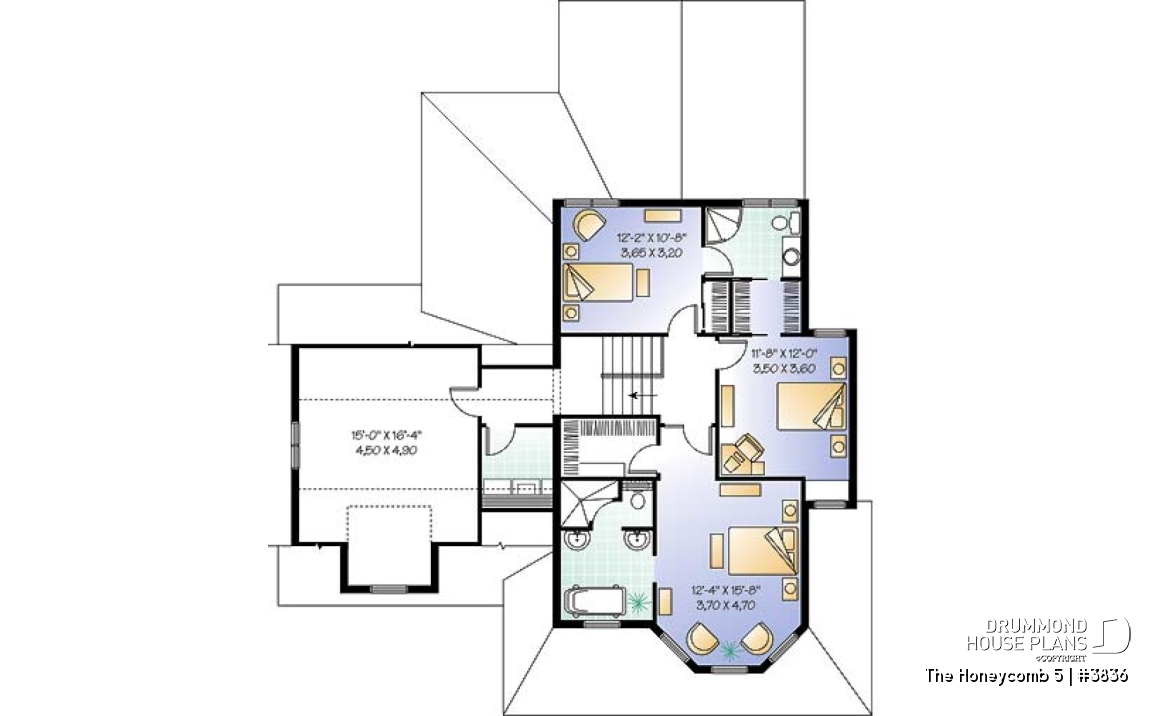 2nd level - Charming 3 bedroom country style house plan, 2-car garage, bonus room, home office with fireplace - The Honeycomb 5