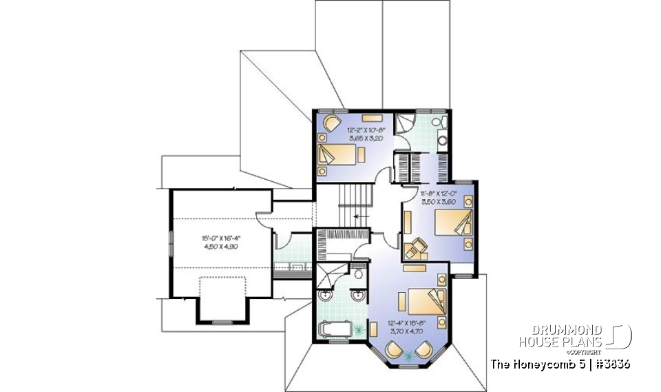 2nd level - Charming 3 bedroom country style house plan, 2-car garage, bonus room, home office with fireplace - The Honeycomb 5