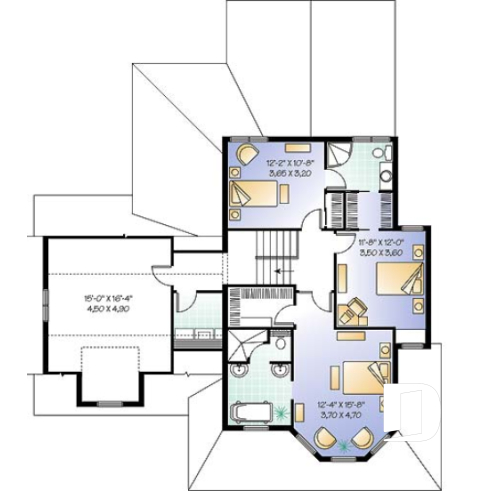 2nd level - Charming 3 bedroom country style house plan, 2-car garage, bonus room, home office with fireplace - The Honeycomb 5