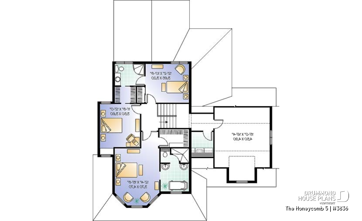 2nd level - Charming 3 bedroom country style house plan, 2-car garage, bonus room, home office with fireplace - The Honeycomb 5