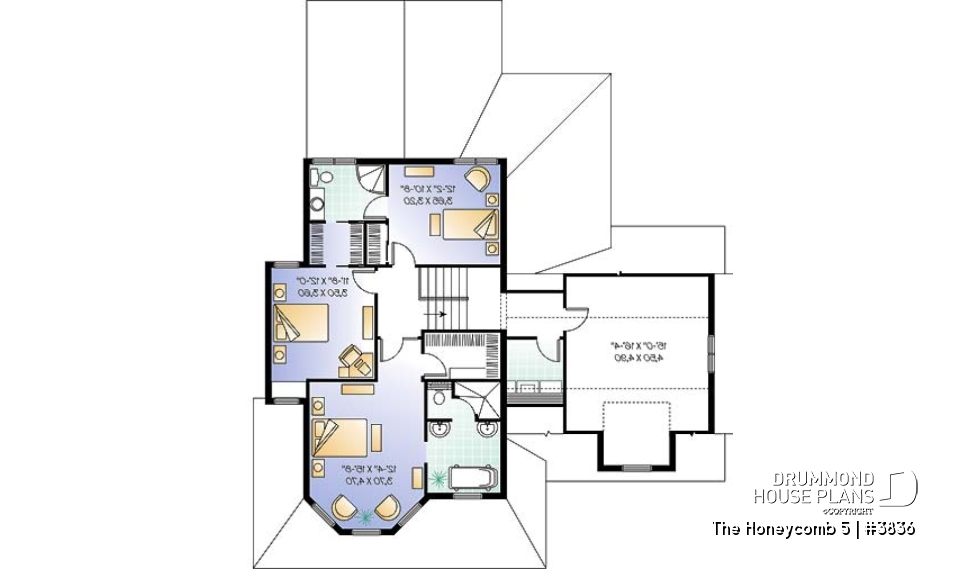 2nd level - Charming 3 bedroom country style house plan, 2-car garage, bonus room, home office with fireplace - The Honeycomb 5