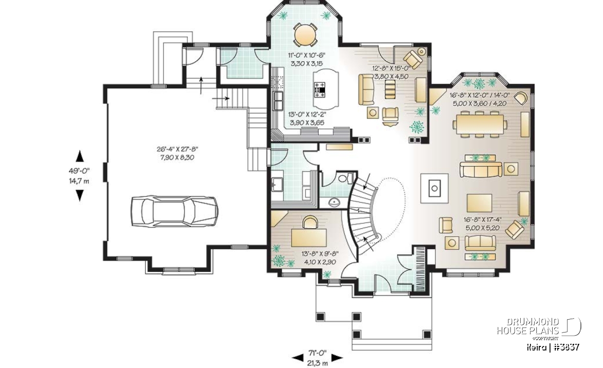 1st level - Luxury style house plan, large 2-car garage, formal living &amp; dining room, fireplace, master suite, bonus room - Keira
