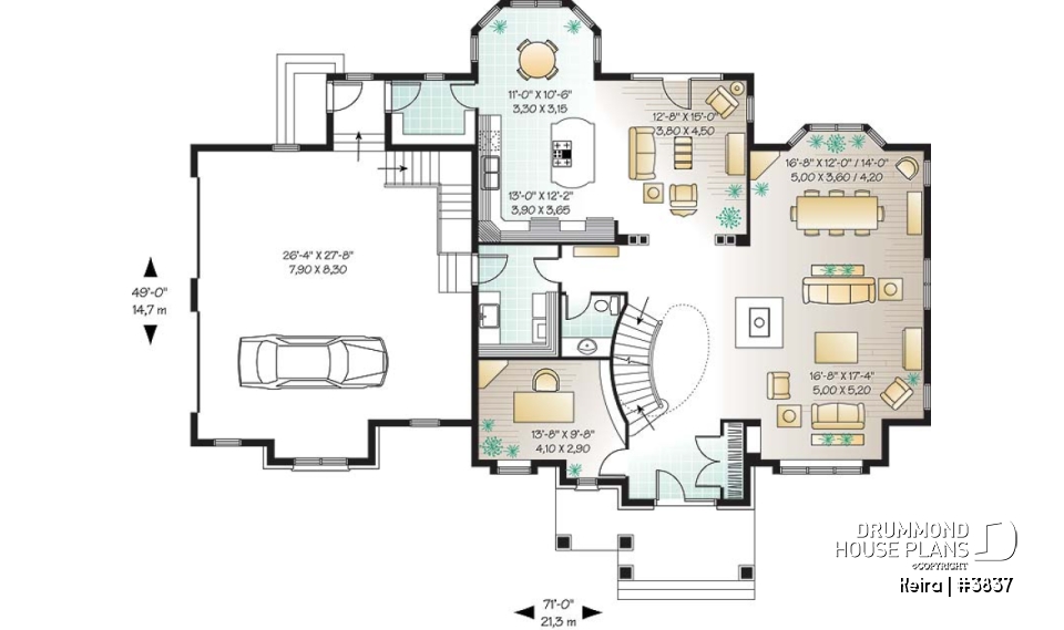 1st level - Luxury style house plan, large 2-car garage, formal living &amp; dining room, fireplace, master suite, bonus room - Keira