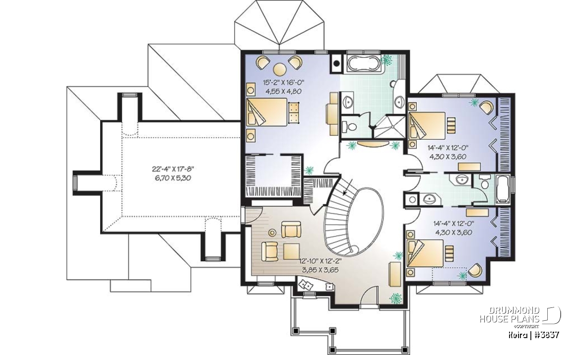 2nd level - Luxury style house plan, large 2-car garage, formal living &amp; dining room, fireplace, master suite, bonus room - Keira
