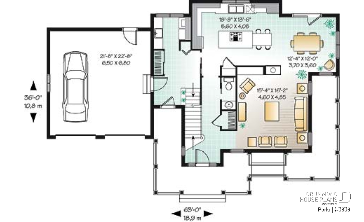 1st level - 3 to 4 bed Spanish style house plan, large master suite, bonus room, fireplace, 2-car garage - Perla