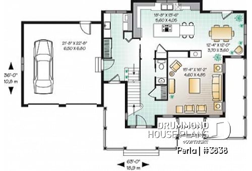 1st level - 3 to 4 bed Spanish style house plan, large master suite, bonus room, fireplace, 2-car garage - Perla