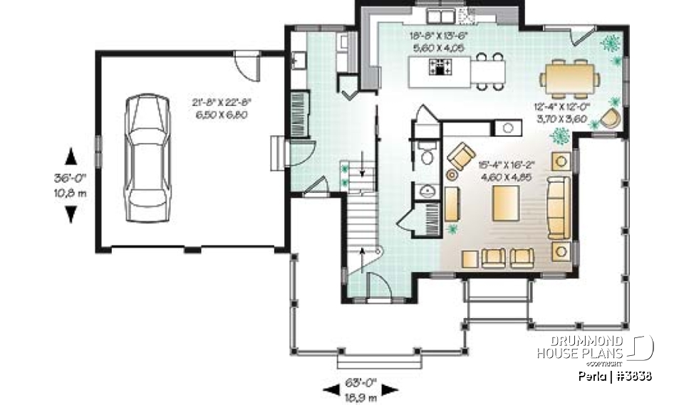 1st level - 3 to 4 bed Spanish style house plan, large master suite, bonus room, fireplace, 2-car garage - Perla