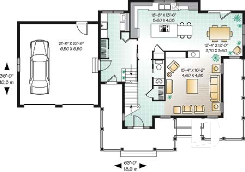 1st level - 3 to 4 bed Spanish style house plan, large master suite, bonus room, fireplace, 2-car garage - Perla