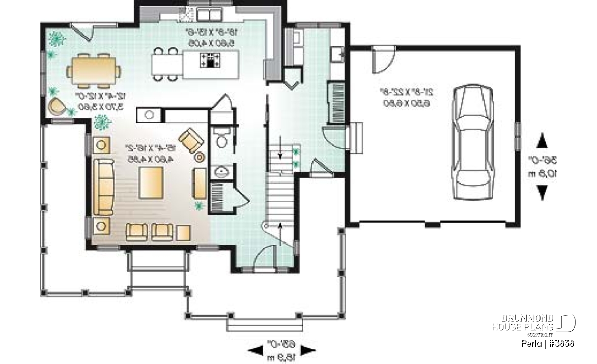 1st level - 3 to 4 bed Spanish style house plan, large master suite, bonus room, fireplace, 2-car garage - Perla