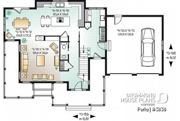 1st level - 3 to 4 bed Spanish style house plan, large master suite, bonus room, fireplace, 2-car garage - Perla
