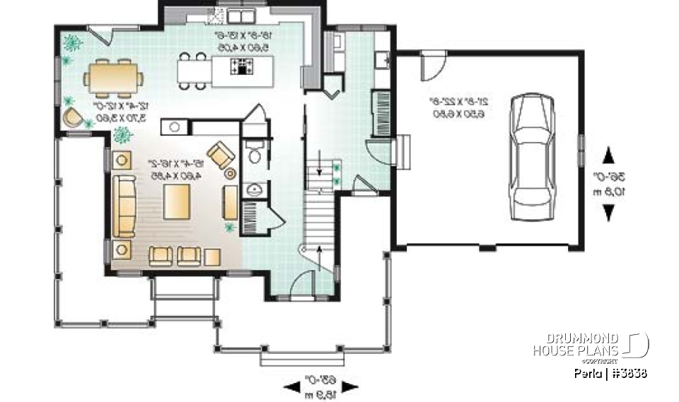 1st level - 3 to 4 bed Spanish style house plan, large master suite, bonus room, fireplace, 2-car garage - Perla