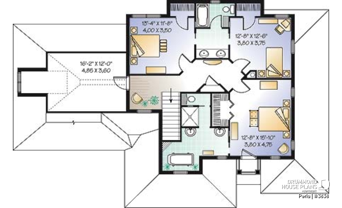 2nd level - 3 to 4 bed Spanish style house plan, large master suite, bonus room, fireplace, 2-car garage - Perla