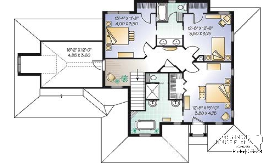 2nd level - 3 to 4 bed Spanish style house plan, large master suite, bonus room, fireplace, 2-car garage - Perla