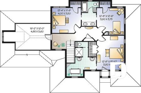 2nd level - 3 to 4 bed Spanish style house plan, large master suite, bonus room, fireplace, 2-car garage - Perla