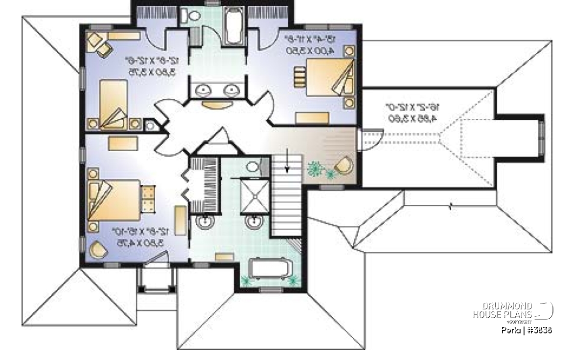 2nd level - 3 to 4 bed Spanish style house plan, large master suite, bonus room, fireplace, 2-car garage - Perla