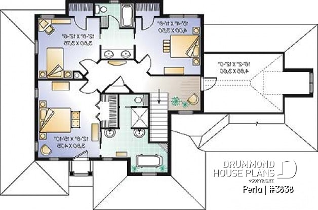 2nd level - 3 to 4 bed Spanish style house plan, large master suite, bonus room, fireplace, 2-car garage - Perla