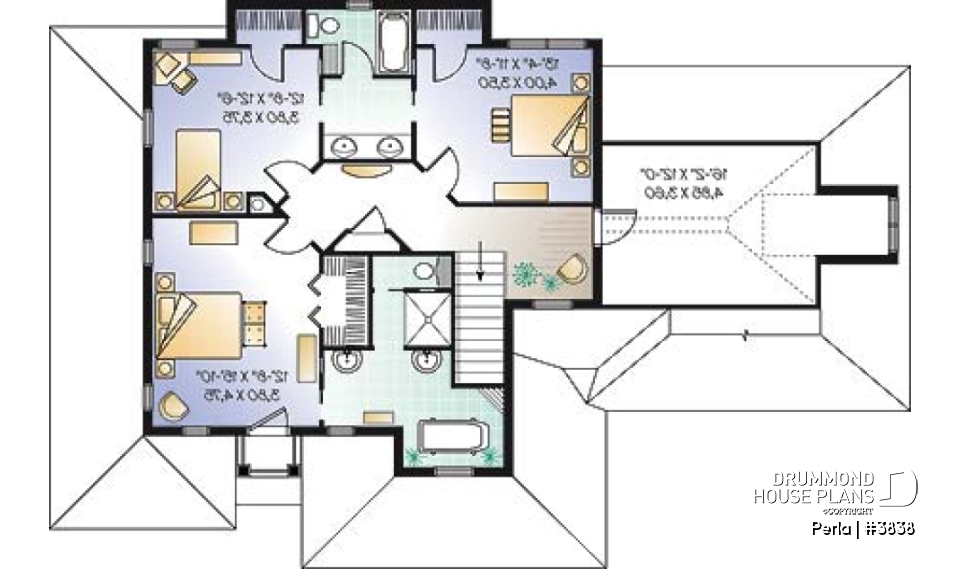 2nd level - 3 to 4 bed Spanish style house plan, large master suite, bonus room, fireplace, 2-car garage - Perla