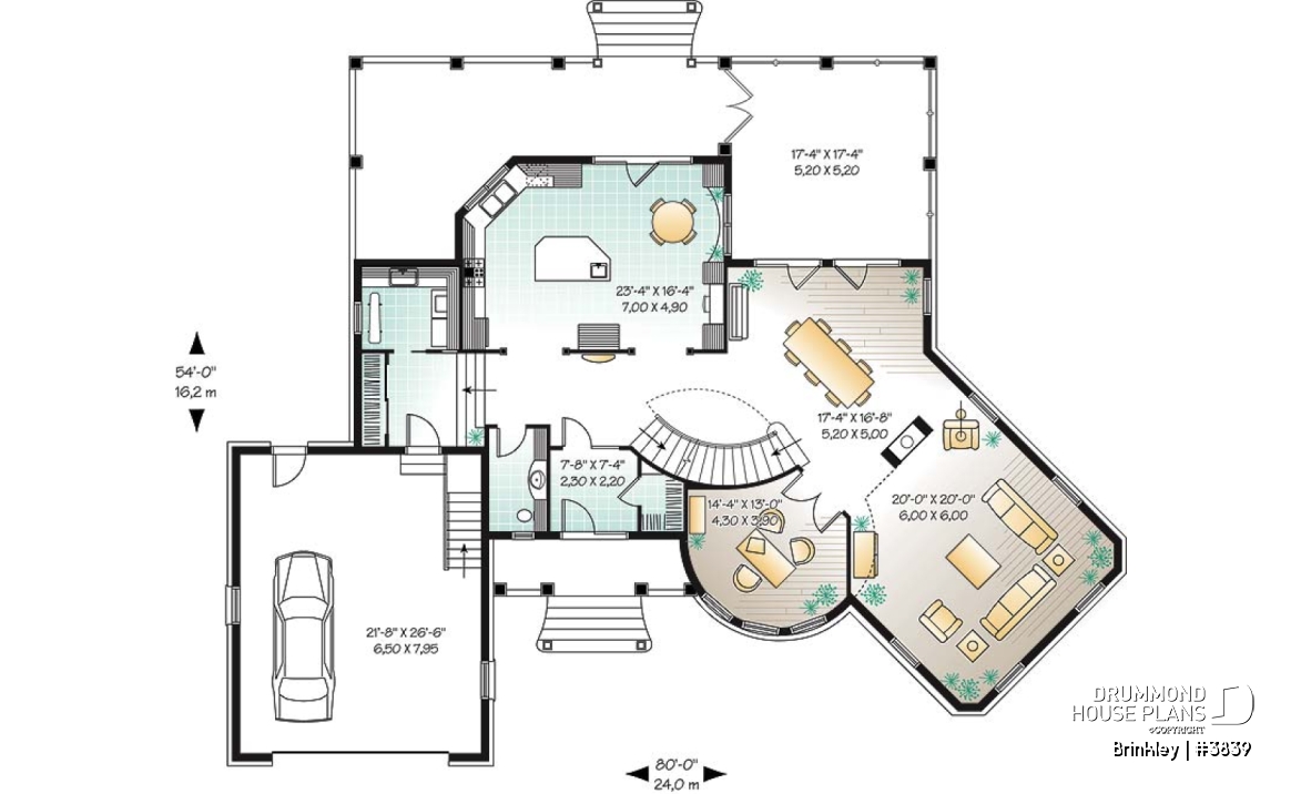 1st level - Somptuous 4 to 5 bedroom manor style house plan, 10' ceiling on main floor, cathedral in living room, library - Brinkley