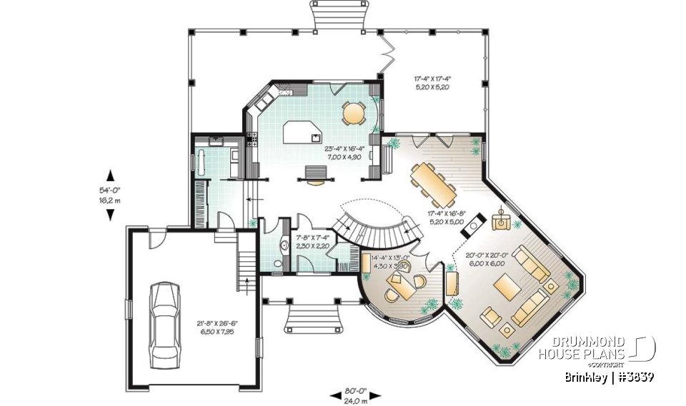 1st level - Somptuous 4 to 5 bedroom manor style house plan, 10' ceiling on main floor, cathedral in living room, library - Brinkley