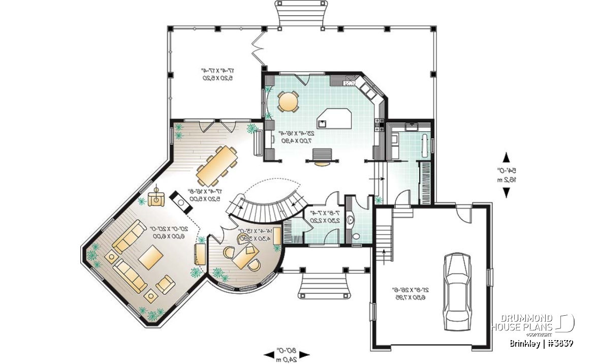 1st level - Somptuous 4 to 5 bedroom manor style house plan, 10' ceiling on main floor, cathedral in living room, library - Brinkley