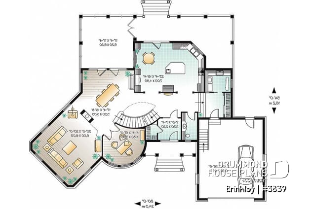 1st level - Somptuous 4 to 5 bedroom manor style house plan, 10' ceiling on main floor, cathedral in living room, library - Brinkley