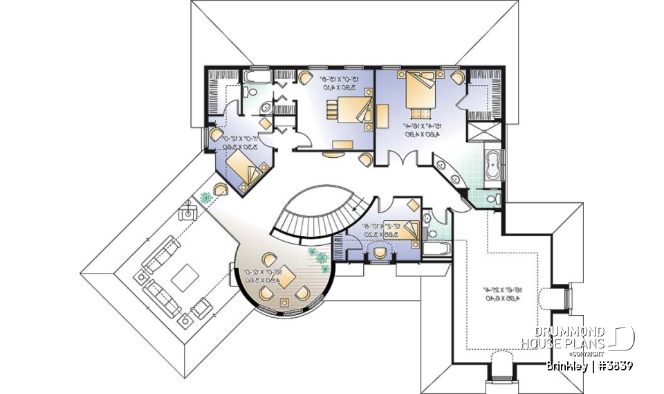 2nd level - Somptuous 4 to 5 bedroom manor style house plan, 10' ceiling on main floor, cathedral in living room, library - Brinkley