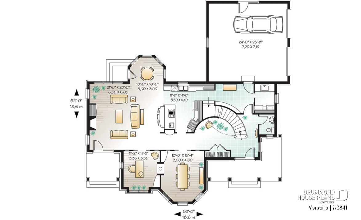 1st level - 3 to 4 bedroom European style house plan, master suite with fireplace, home office, formal dining - Versaille