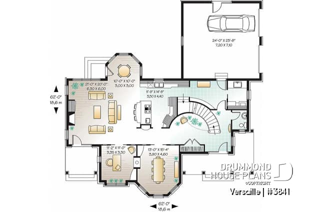 1st level - 3 to 4 bedroom European style house plan, master suite with fireplace, home office, formal dining - Versaille