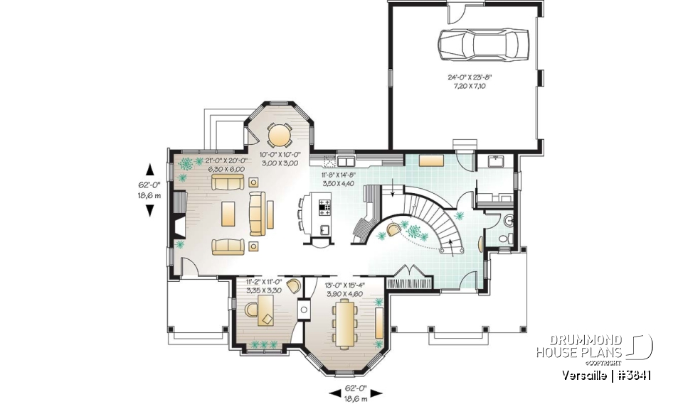 1st level - 3 to 4 bedroom European style house plan, master suite with fireplace, home office, formal dining - Versaille