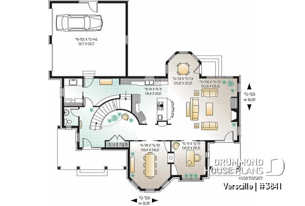 1st level - 3 to 4 bedroom European style house plan, master suite with fireplace, home office, formal dining - Versaille