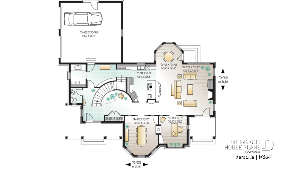 1st level - 3 to 4 bedroom European style house plan, master suite with fireplace, home office, formal dining - Versaille