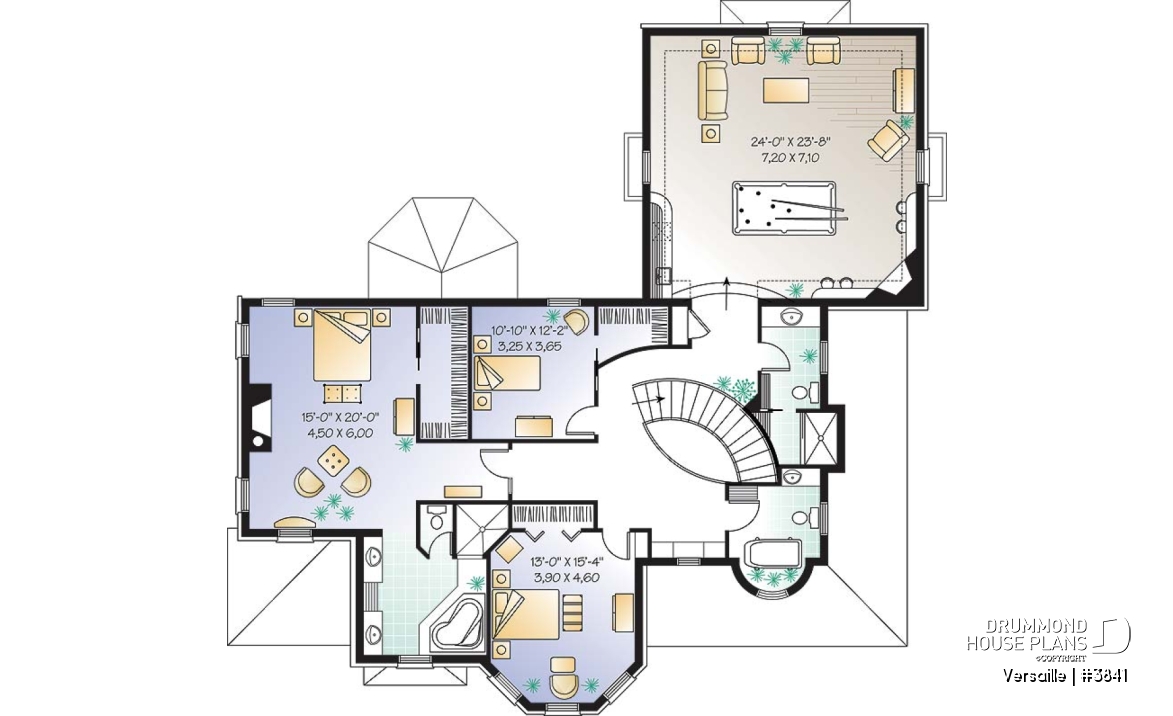 2nd level - 3 to 4 bedroom European style house plan, master suite with fireplace, home office, formal dining - Versaille