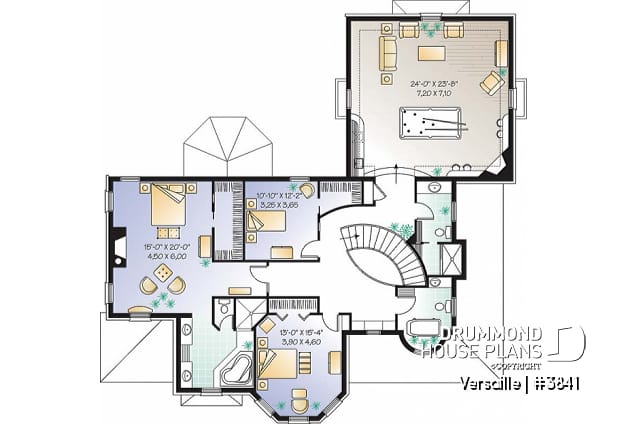 2nd level - 3 to 4 bedroom European style house plan, master suite with fireplace, home office, formal dining - Versaille