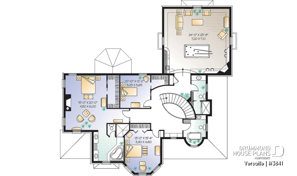 2nd level - 3 to 4 bedroom European style house plan, master suite with fireplace, home office, formal dining - Versaille