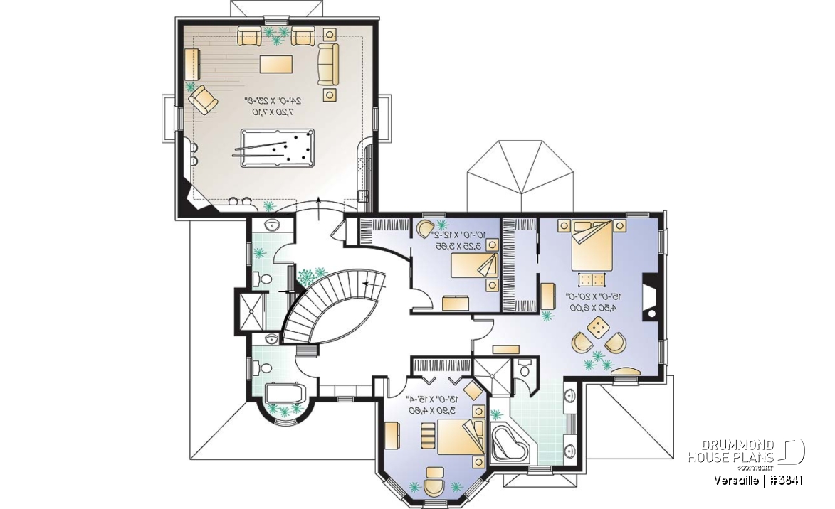2nd level - 3 to 4 bedroom European style house plan, master suite with fireplace, home office, formal dining - Versaille