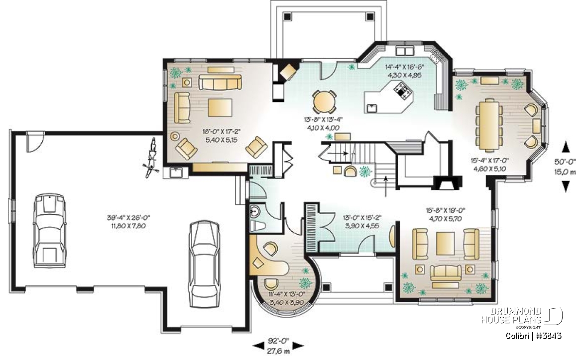 1st level - 3 master suites house plan with formal dining and living room, 3-car garage, 3 fireplaces, home office - Colibri