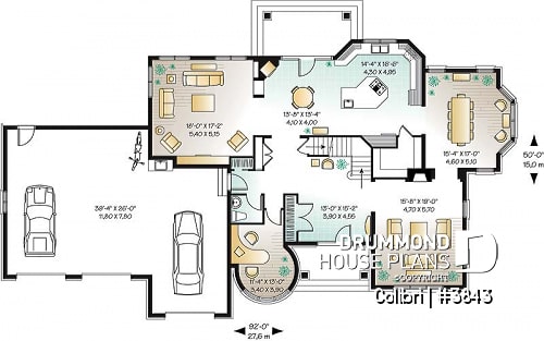 1st level - 3 master suites house plan with formal dining and living room, 3-car garage, 3 fireplaces, home office - Colibri