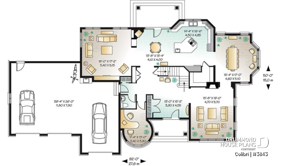 1st level - 3 master suites house plan with formal dining and living room, 3-car garage, 3 fireplaces, home office - Colibri