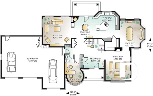 1st level - 3 master suites house plan with formal dining and living room, 3-car garage, 3 fireplaces, home office - Colibri