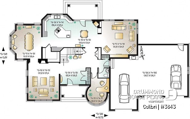 1st level - 3 master suites house plan with formal dining and living room, 3-car garage, 3 fireplaces, home office - Colibri