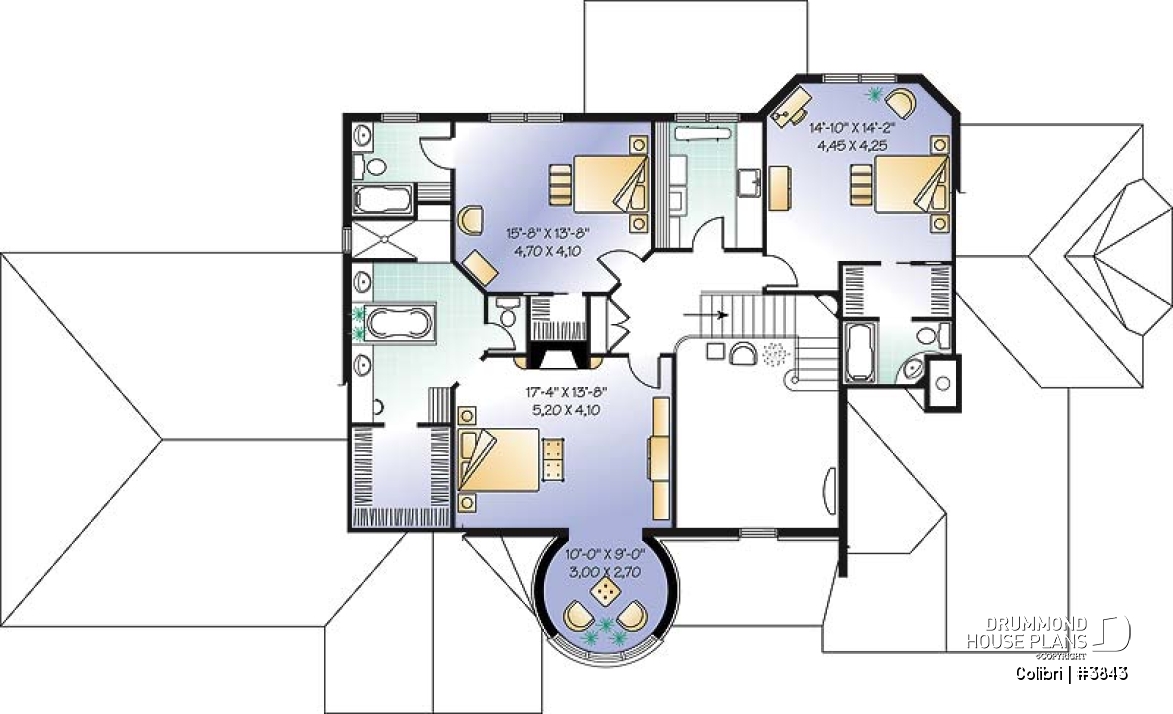 2nd level - 3 master suites house plan with formal dining and living room, 3-car garage, 3 fireplaces, home office - Colibri