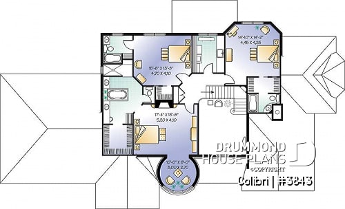 2nd level - 3 master suites house plan with formal dining and living room, 3-car garage, 3 fireplaces, home office - Colibri