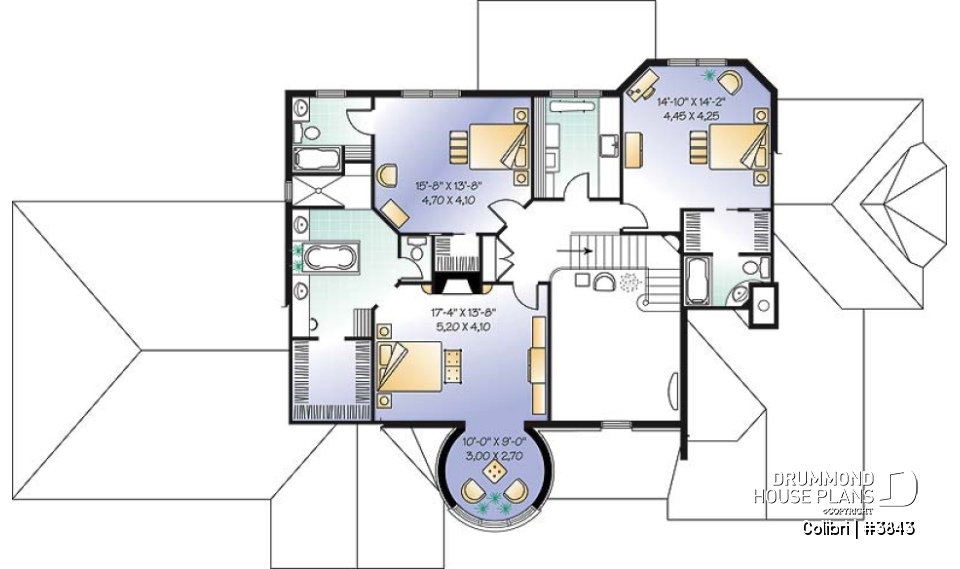 2nd level - 3 master suites house plan with formal dining and living room, 3-car garage, 3 fireplaces, home office - Colibri